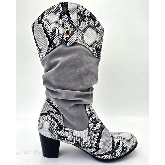 Slouch Mid Calf Boots Snake Pattern Gray Black Faux Leather Women's 37 EU 6.5 US - Picture 2 of 8